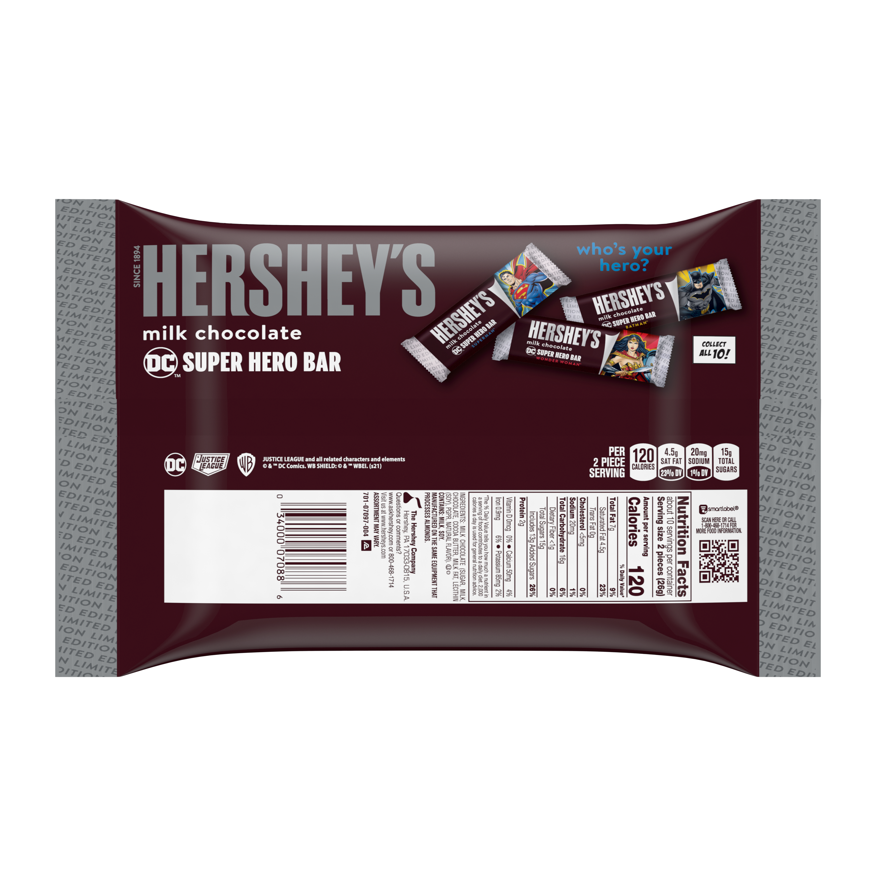 HERSHEY’S Milk Chocolate DC Super Hero Snack Size Candy Bars, 9.45 oz - Back of Package