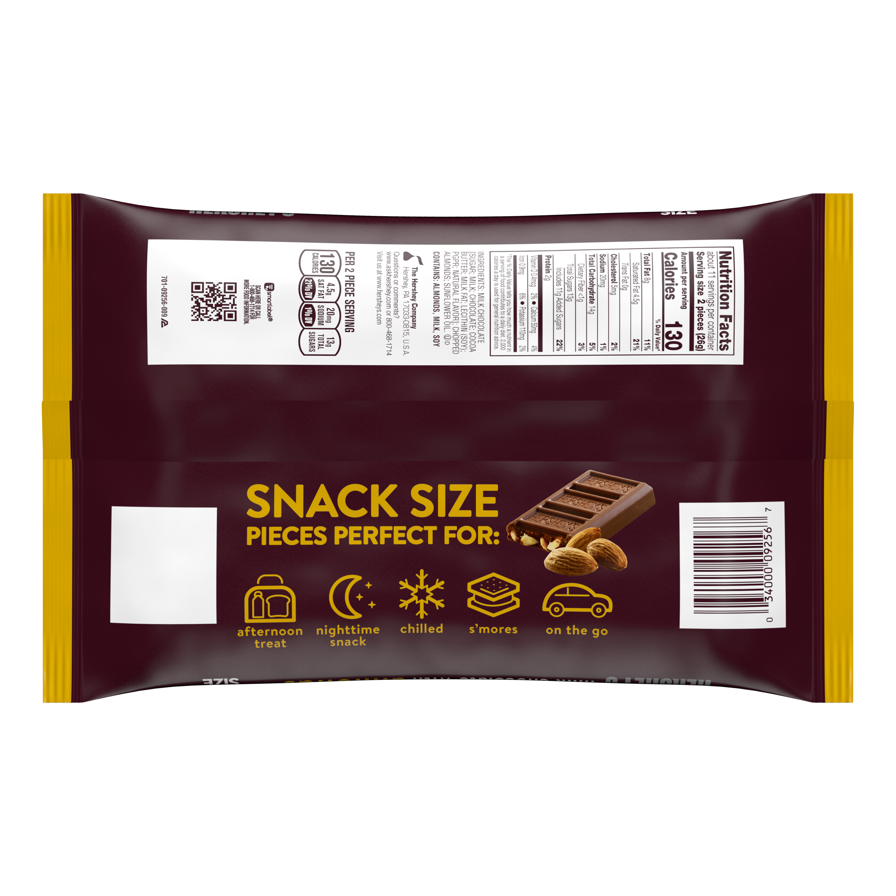 HERSHEY'S Milk Chocolate with Almonds Snack Size Candy Bars, 10.35 oz bag - Back of Package