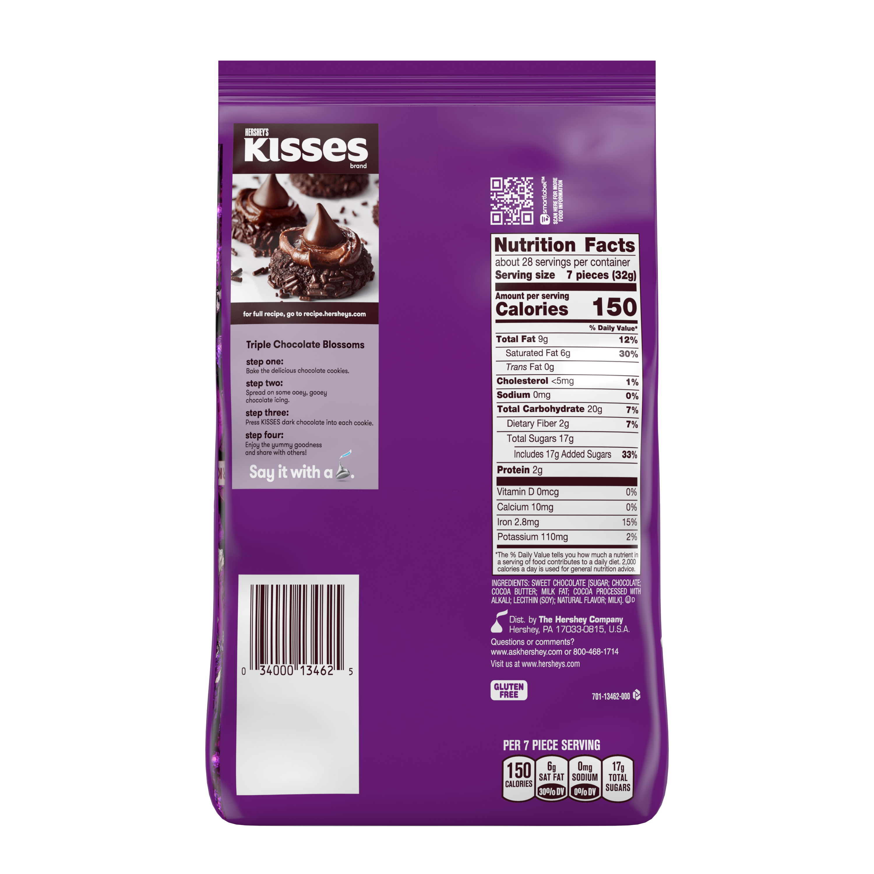 HERSHEY'S KISSES SPECIAL DARK Mildly Sweet Chocolate Candy, 32.1 oz pack - Back of Package
