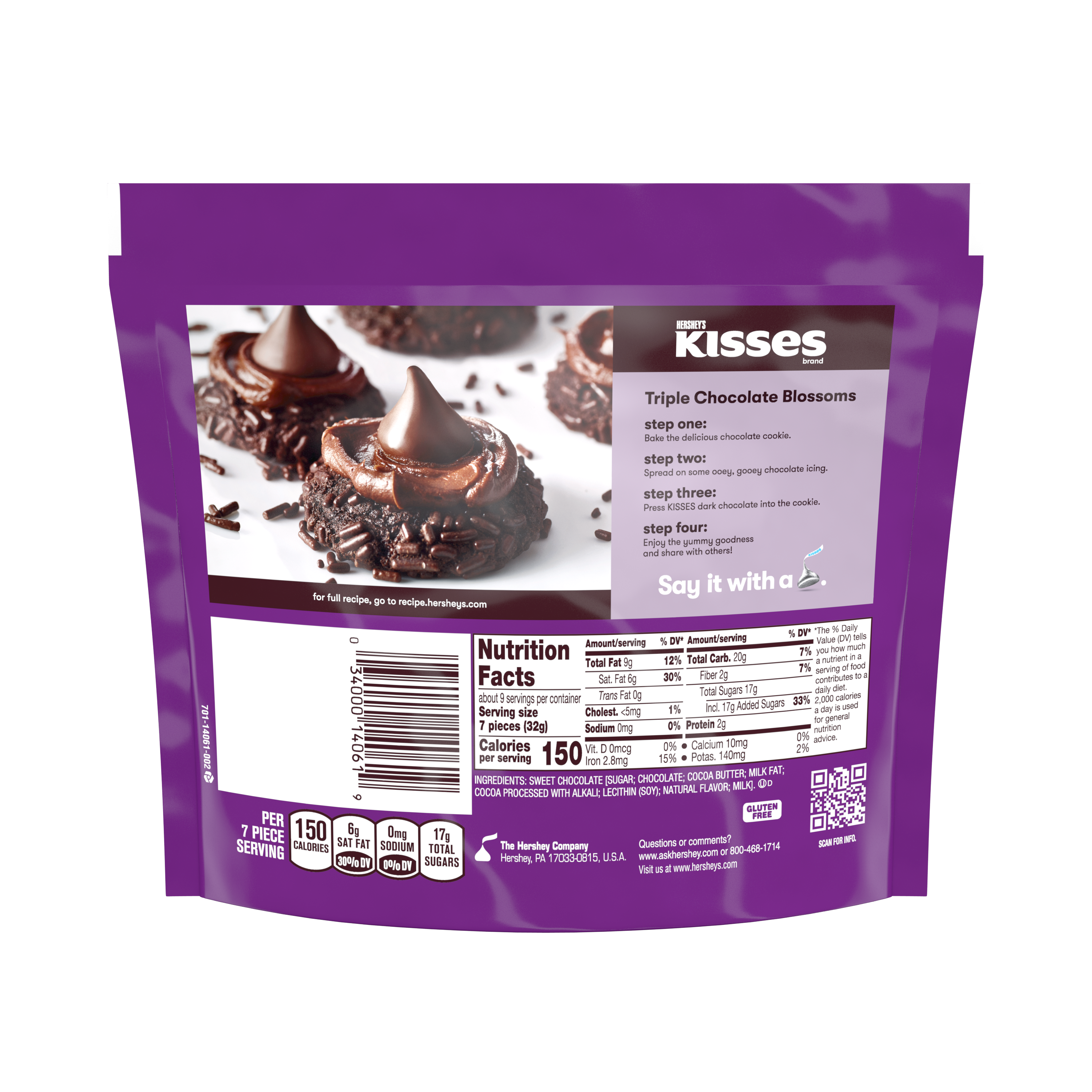 HERSHEY'S KISSES Special Dark Mildly Sweet Chocolate Candy, 10 oz pack - Back of Package