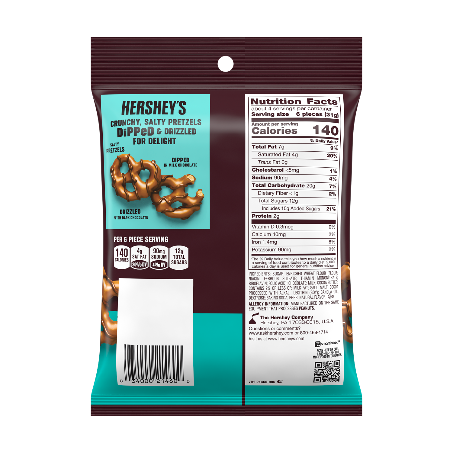 HERSHEY'S DiPPeD PreTzels Milk Chocolate Snack, 4.25 oz bag - Back of Package