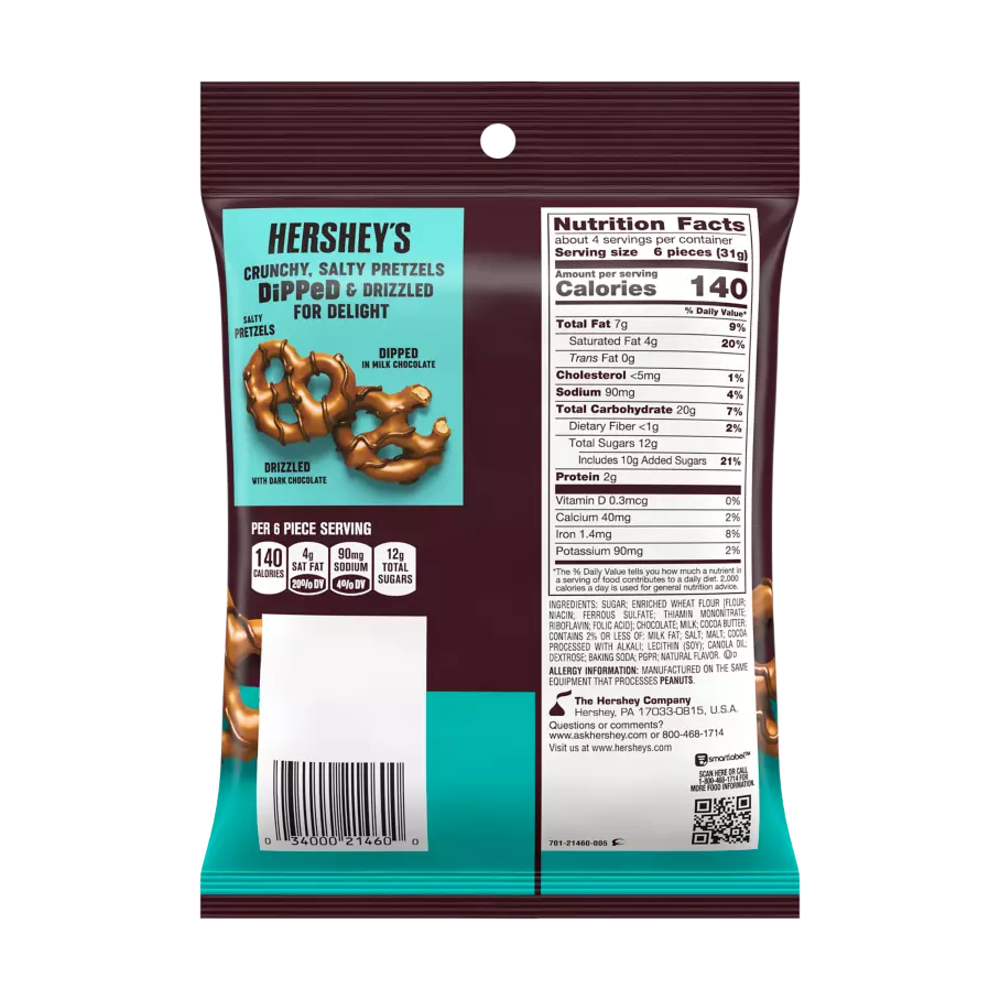 HERSHEY'S DiPPeD PreTzels Milk Chocolate Snack, 4.25 oz bag - Back of Package