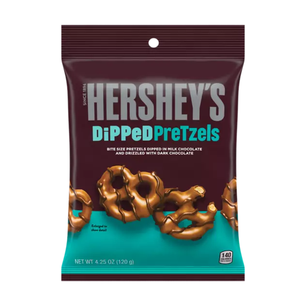 HERSHEY'S DiPPeD PreTzels Milk Chocolate Snack, 4.25 oz bag - Front of Package
