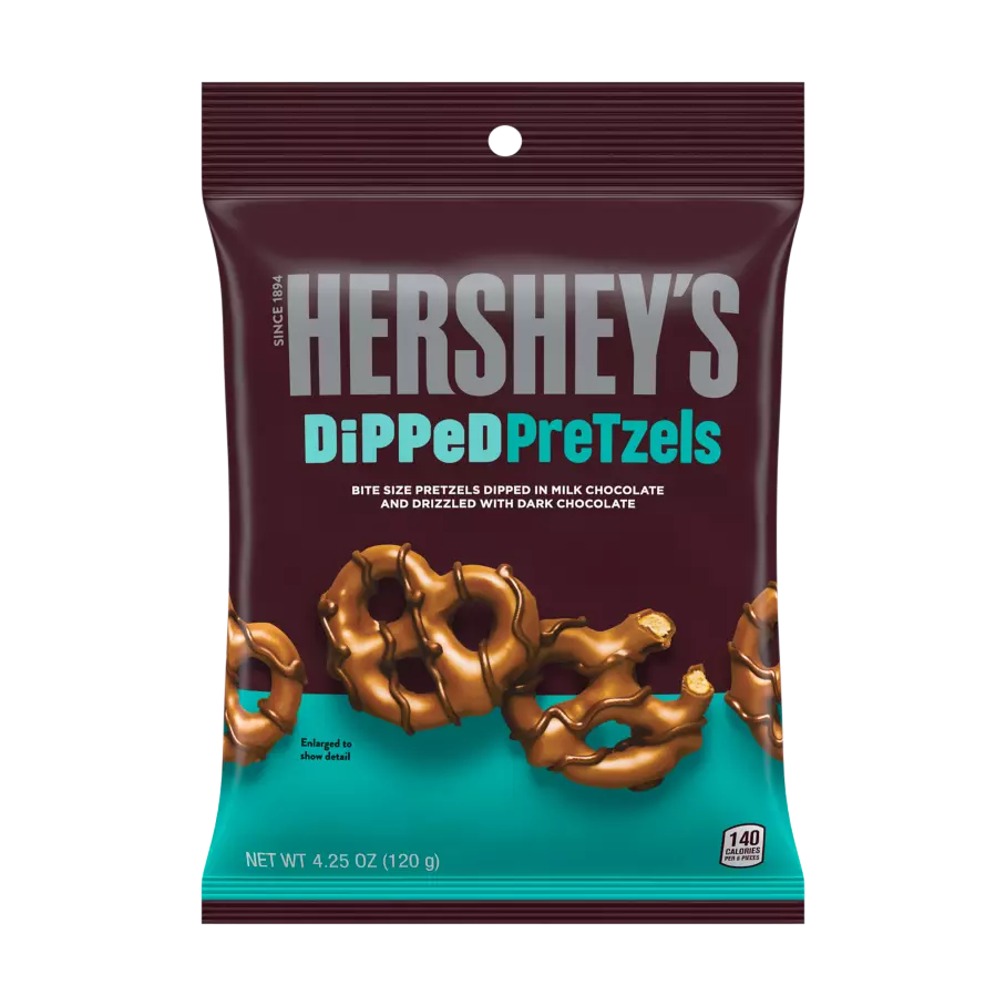 HERSHEY'S DiPPeD PreTzels Milk Chocolate Snack, 4.25 oz bag - Front of Package