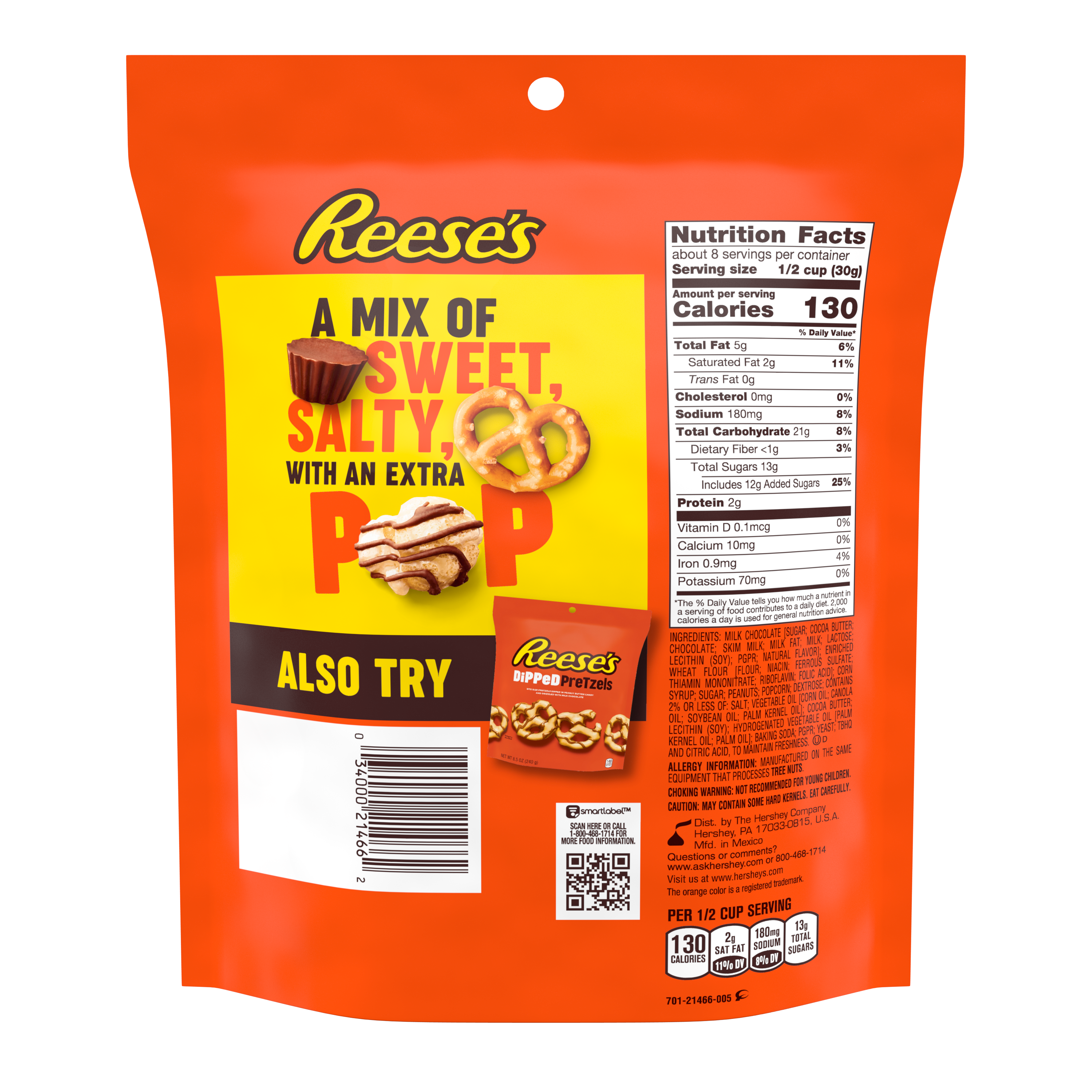 REESE'S Popped Milk Chocolate Peanut Butter Snack Mix, 8 oz bag - Back of Package