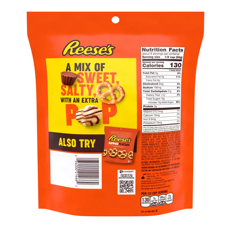 REESE'S Popped Milk Chocolate Peanut Butter Snack Mix, 8 oz bag - Back of Package