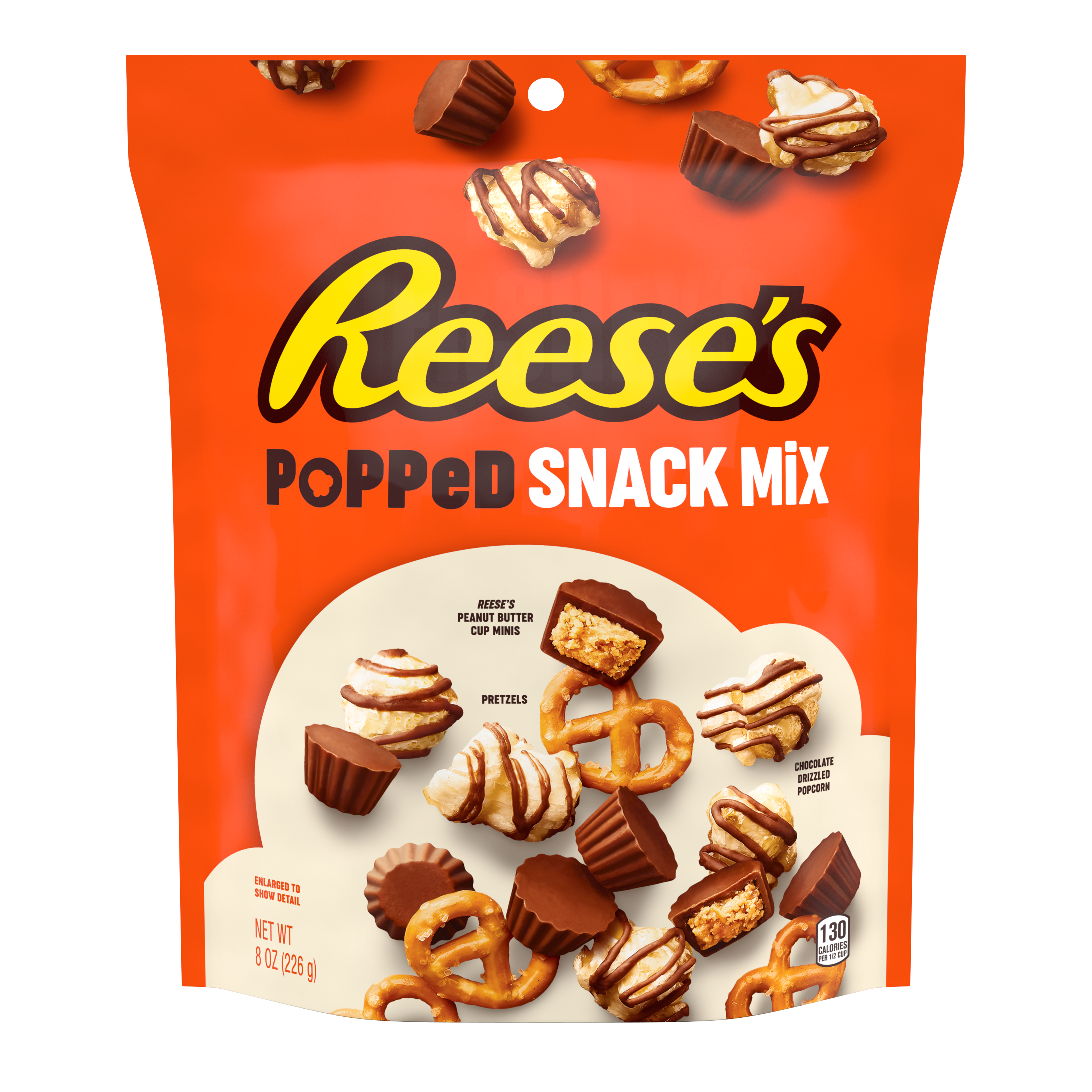 REESE'S Popped Milk Chocolate Peanut Butter Snack Mix, 8 oz bag - Front of Package