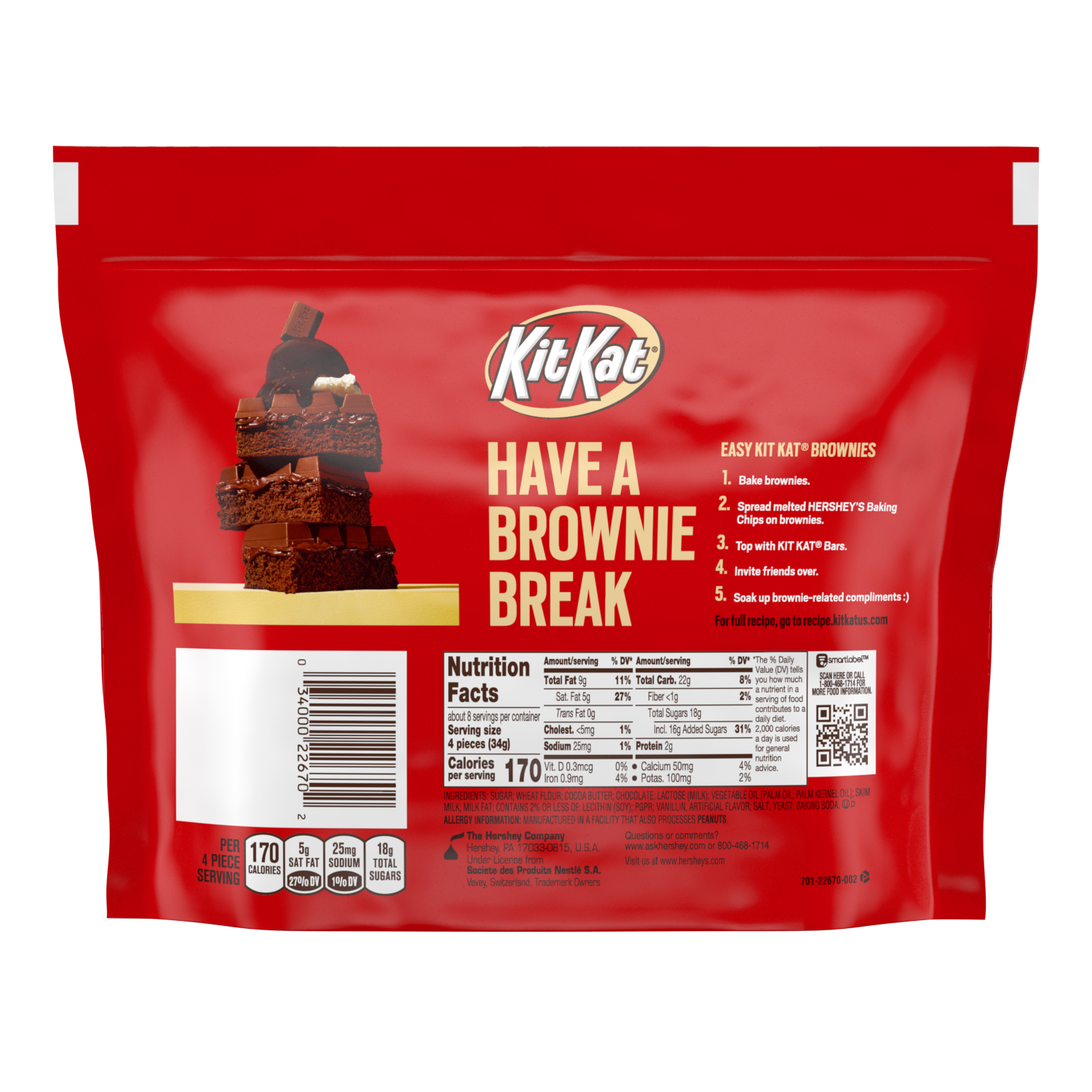 KIT KAT® Miniatures Milk Chocolate Candy Bars, 10.1 oz pack - Back of Package