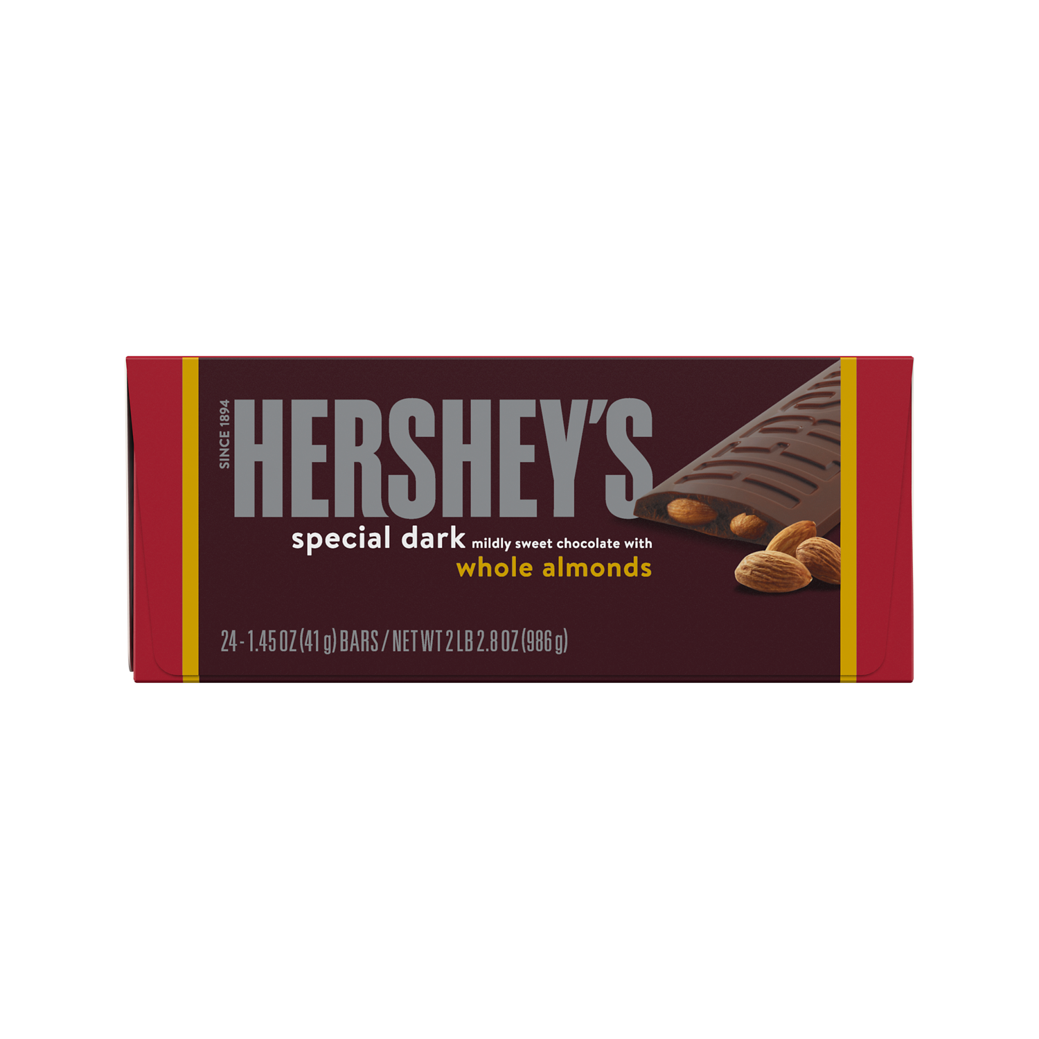 HERSHEY'S SPECIAL DARK Mildly Sweet Chocolate with Almonds Candy Bars, 1.45 oz box, 24 pack - Front of Package