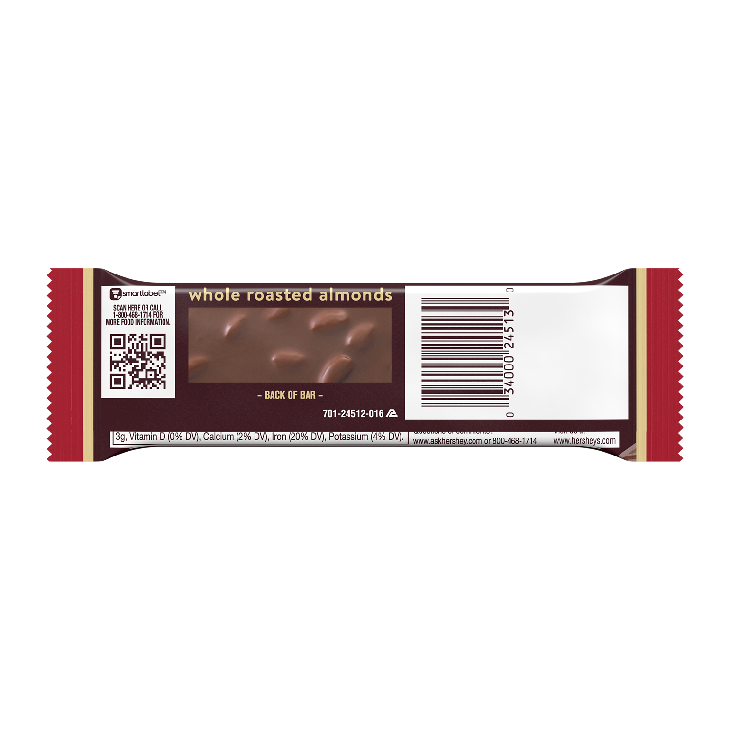 HERSHEY'S SPECIAL DARK Mildly Sweet Chocolate with Almonds Candy Bar, 1.45 oz - Back of Package
