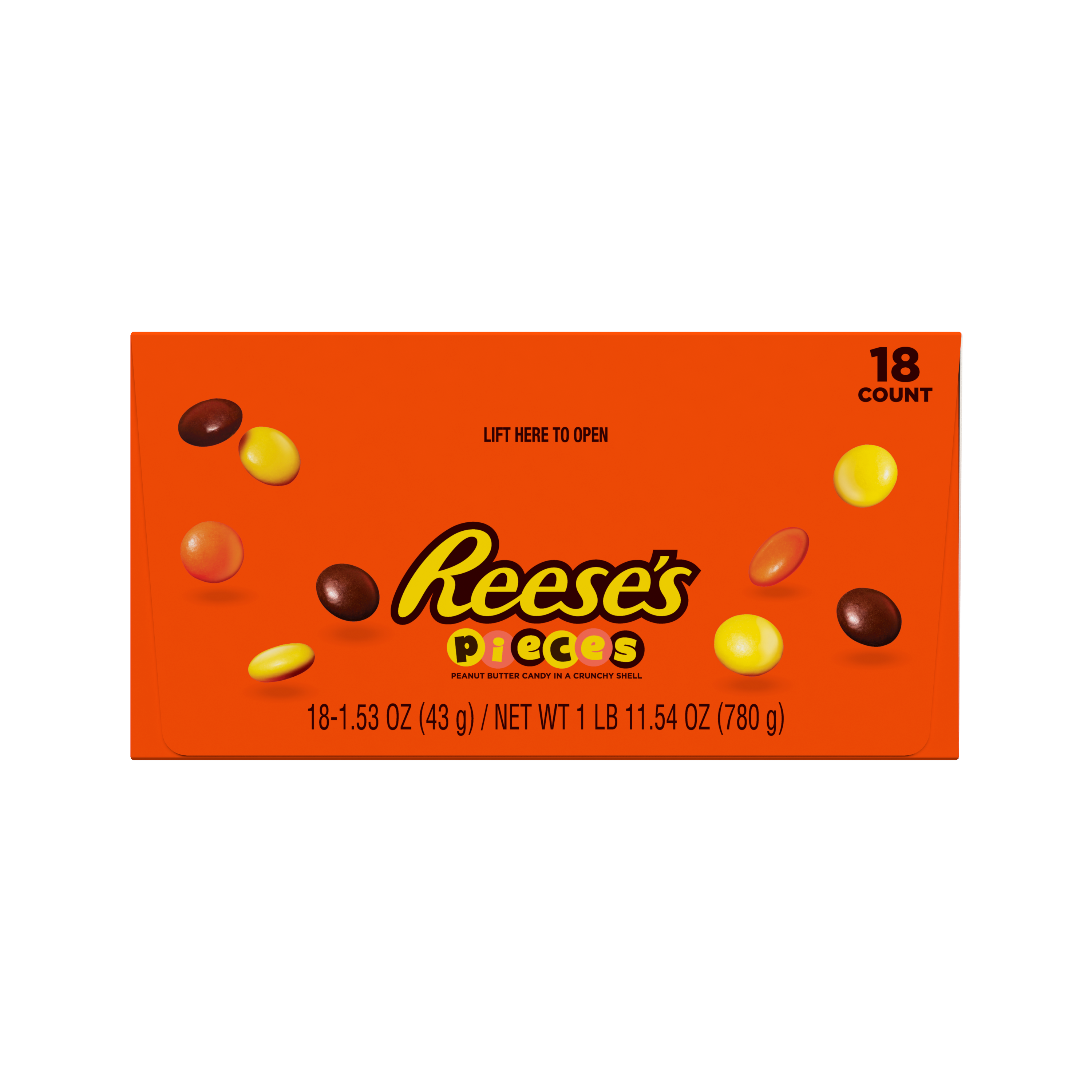 REESE'S PIECES Milk Chocolate Peanut Butter Candy, 1.53 oz box, 18 count - Front of Package
