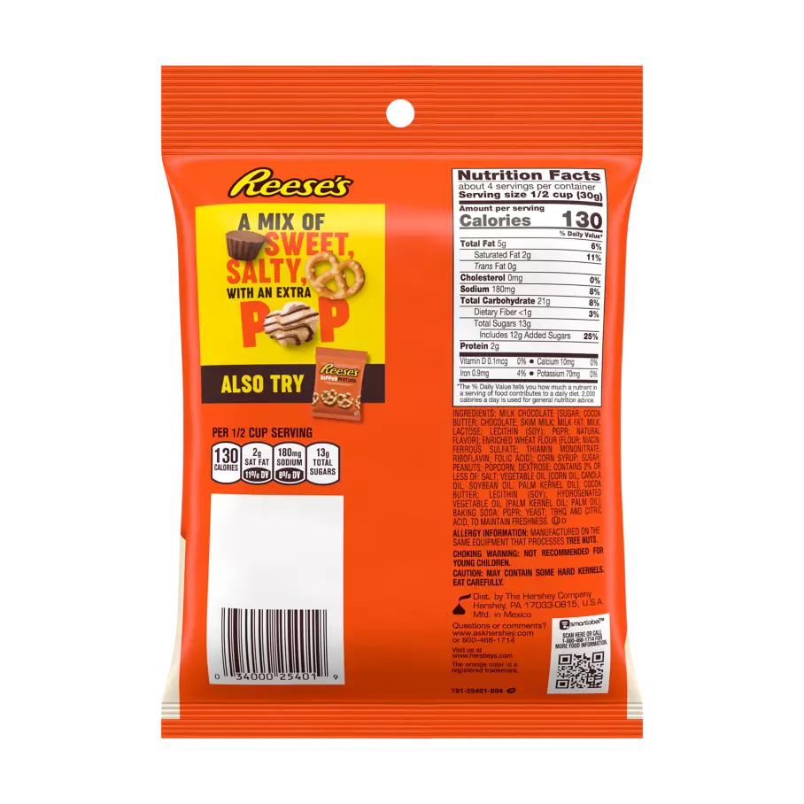 REESE'S Popped Milk Chocolate Peanut Butter Snack Mix, 4 oz bag - Back of Package