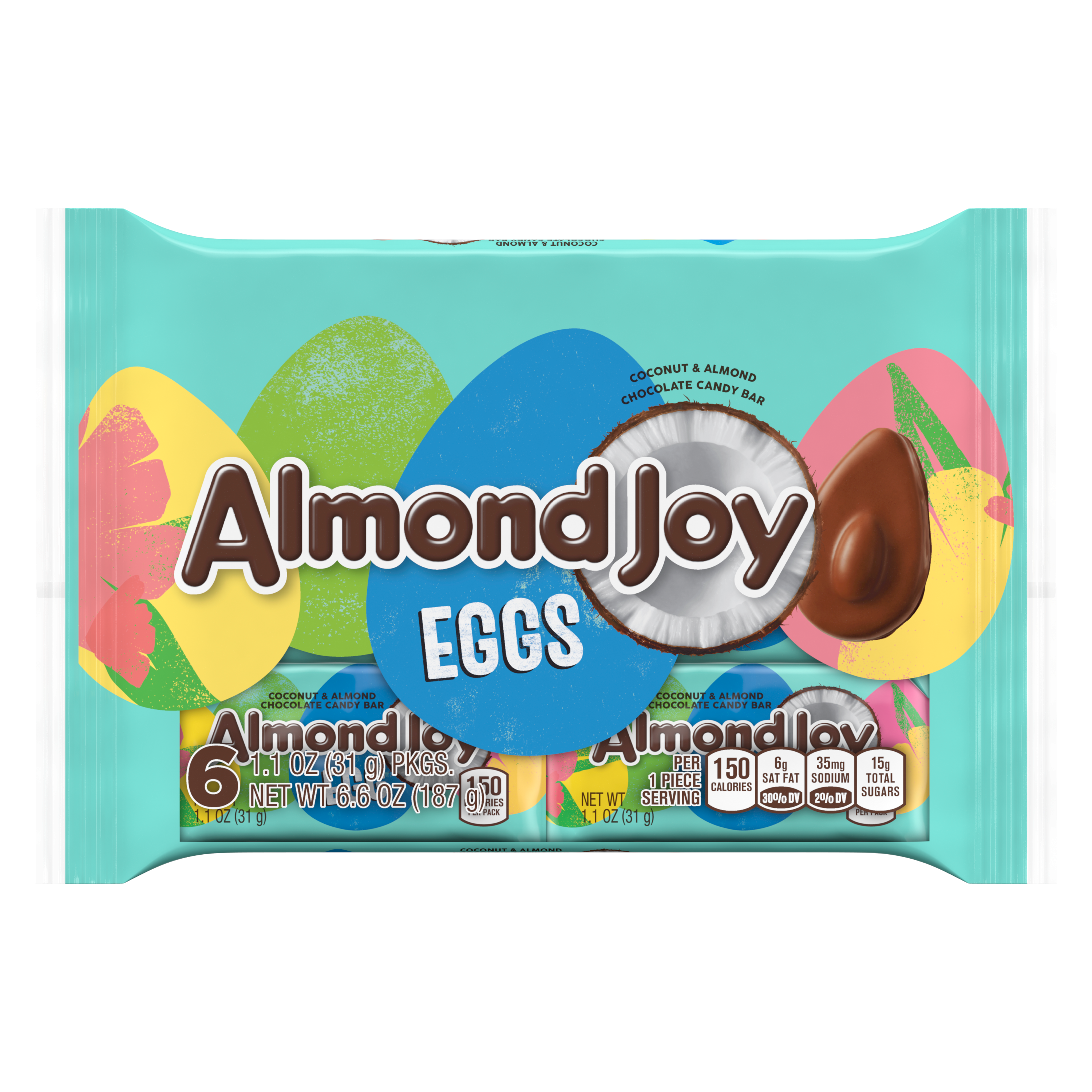ALMOND JOY Easter Coconut and Almond Chocolate Eggs, 1.1 oz, 6 pack - Front of Package