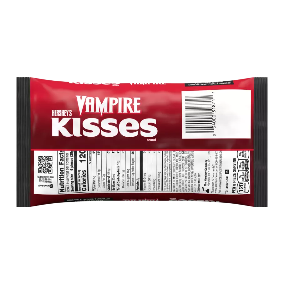 HERSHEY'S KISSES Vampire Foils Milk Chocolate filled with Strawberry Flavored Creme Candy, 9 oz bag - Back of Package