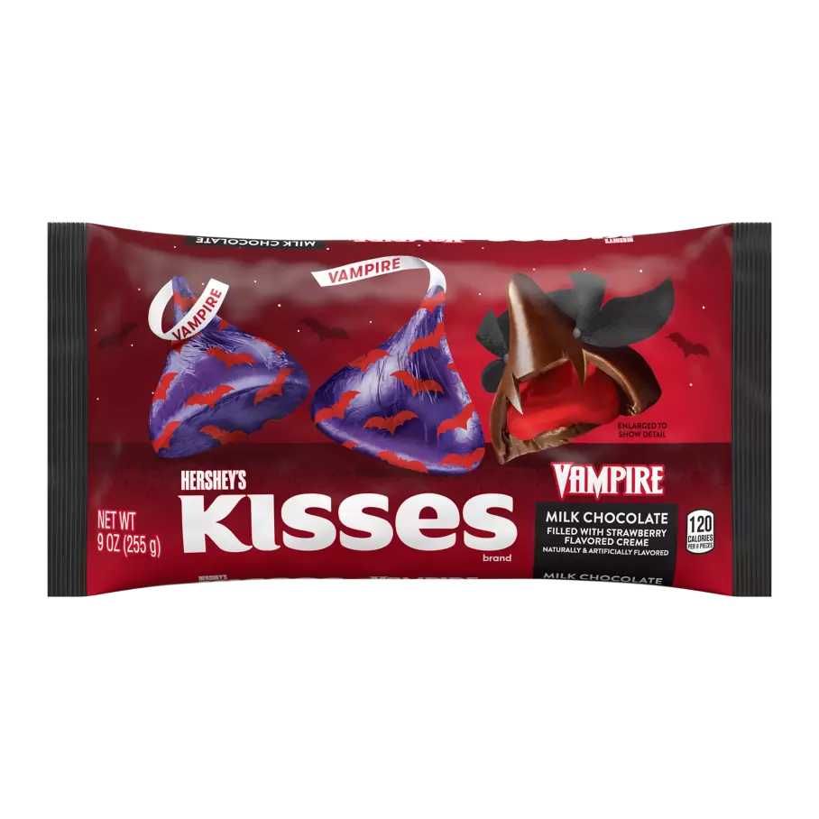 HERSHEY'S KISSES Vampire Foils Milk Chocolate filled with Strawberry Flavored Creme Candy, 9 oz bag - Front of Package