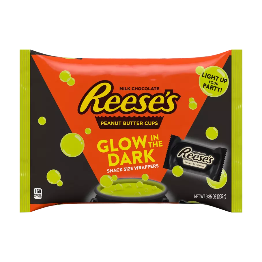 REESE'S Glow-in-the-Dark Milk Chocolate Snack Size Peanut Butter Cups, 9.35 oz bag- Front of Package