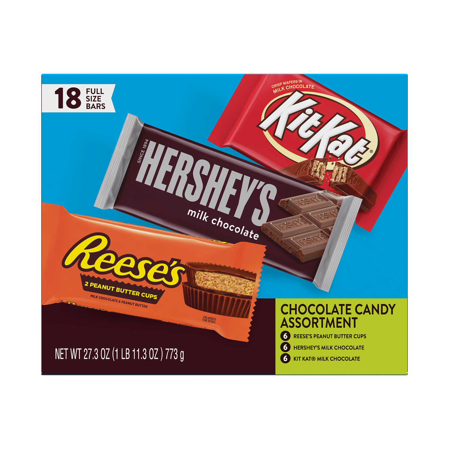 Hershey Variety Pack Chocolate Candy Bar Assortment, 27.3 oz box, 18 bars - Front of Package