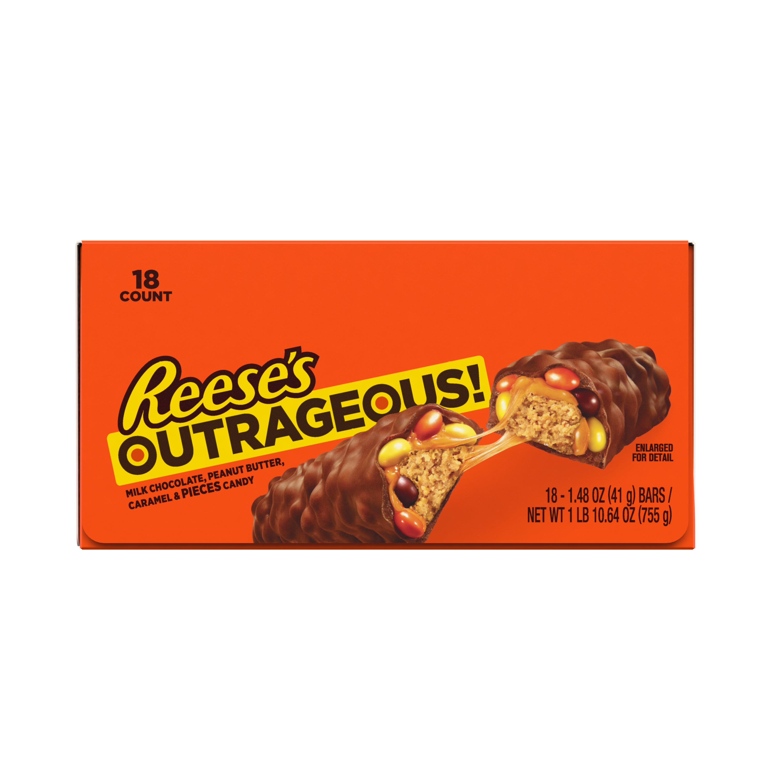 REESE'S OUTRAGEOUS! Milk Chocolate Peanut Butter Candy Bars, 1.48 oz box, 18 count - Front of Package