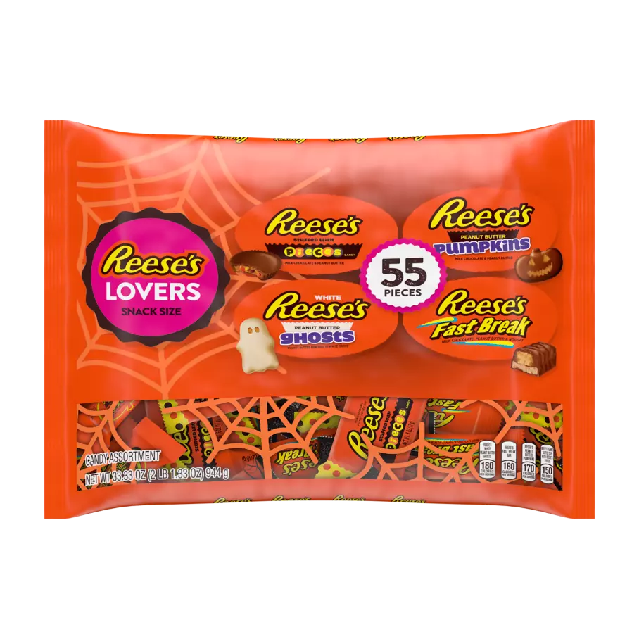 REESE'S Lovers Halloween Snack Size Assortment, 33.33 oz bag, 55 pieces - Front of Package