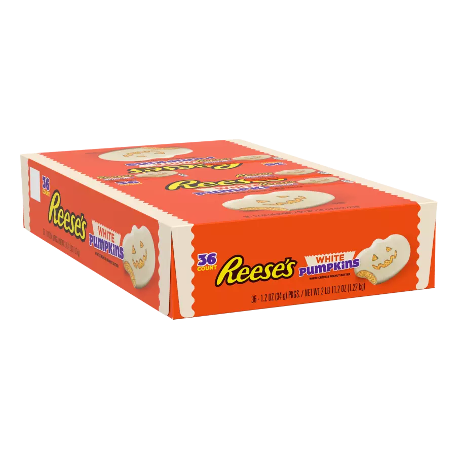 REESE'S White Creme Peanut Butter Pumpkins, 1.2 oz, 36 count box - Front of Package