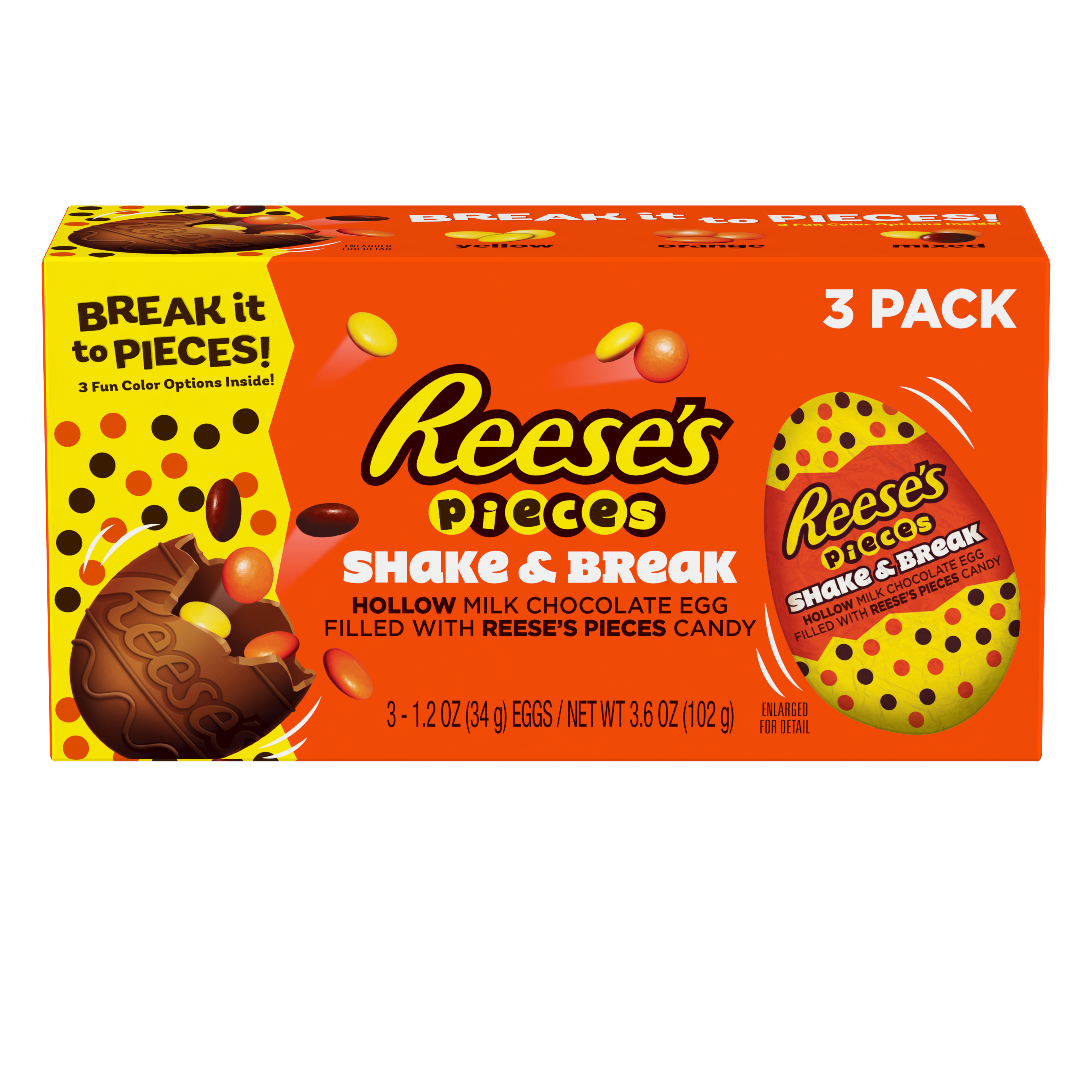 REESE'S PIECES SHAKE & BREAK Milk Chocolate Peanut Butter Eggs, 3.6 oz box, 3 pack - Front of Package