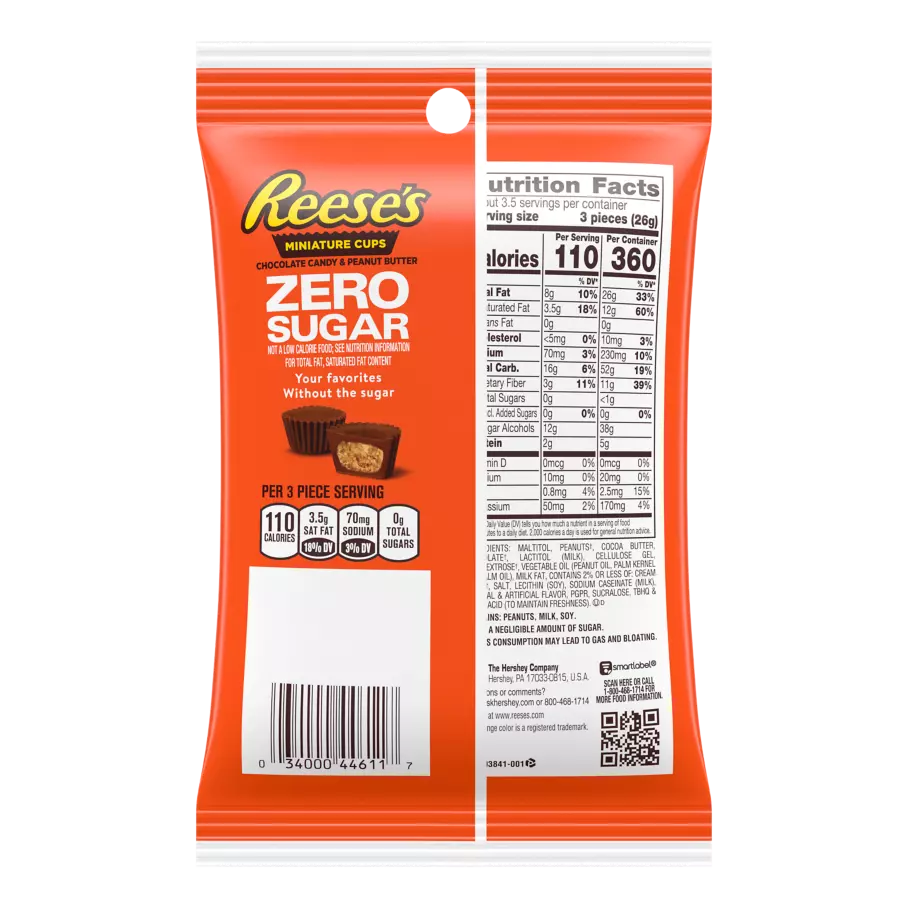 REESE'S Zero Sugar Miniatures Chocolate Candy Peanut Butter Cups, 3 oz bag - Back of Package