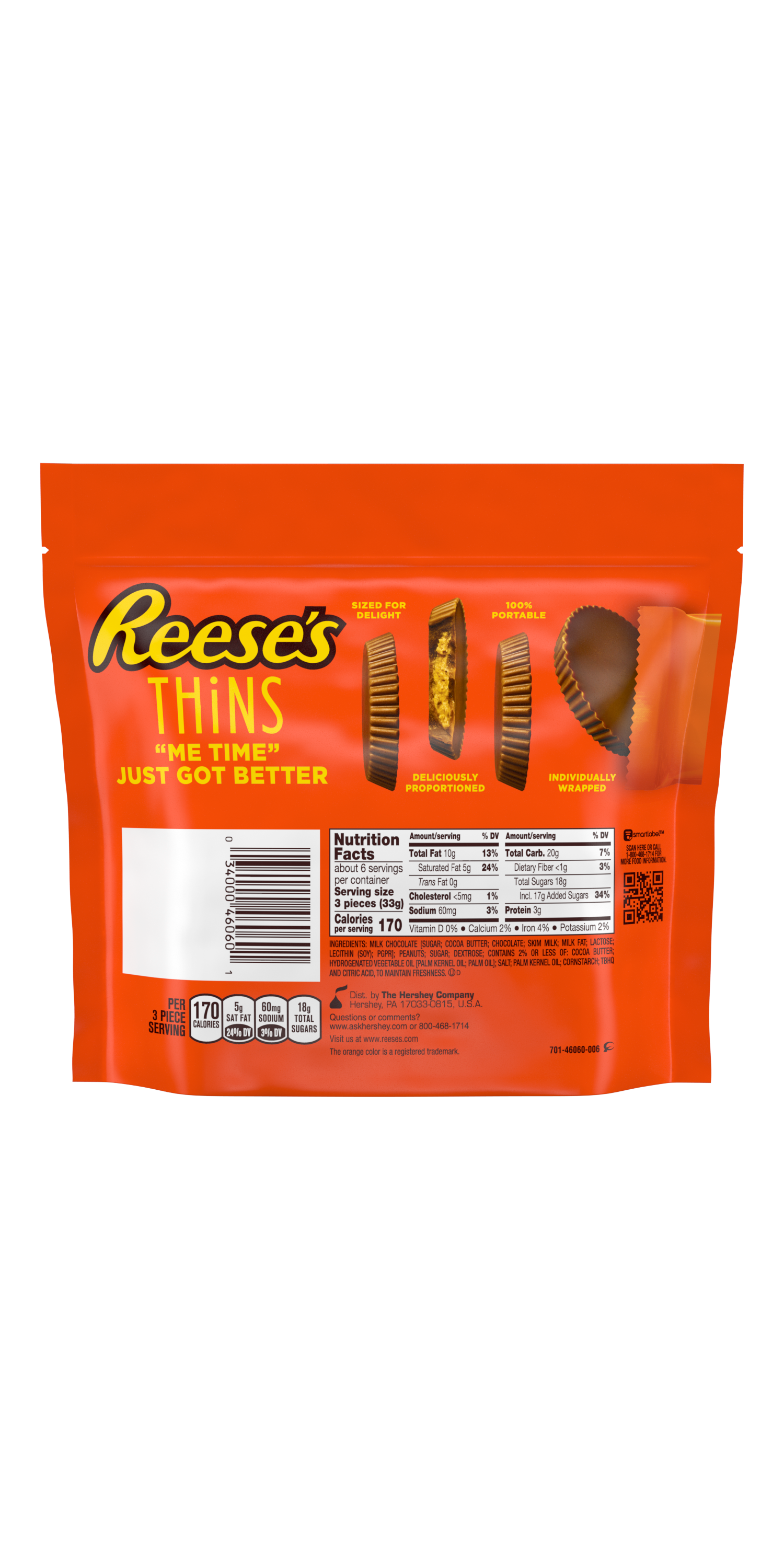 REESE'S THiNS Milk Chocolate Peanut Butter Cups, 7.37 oz pack - Back of Package