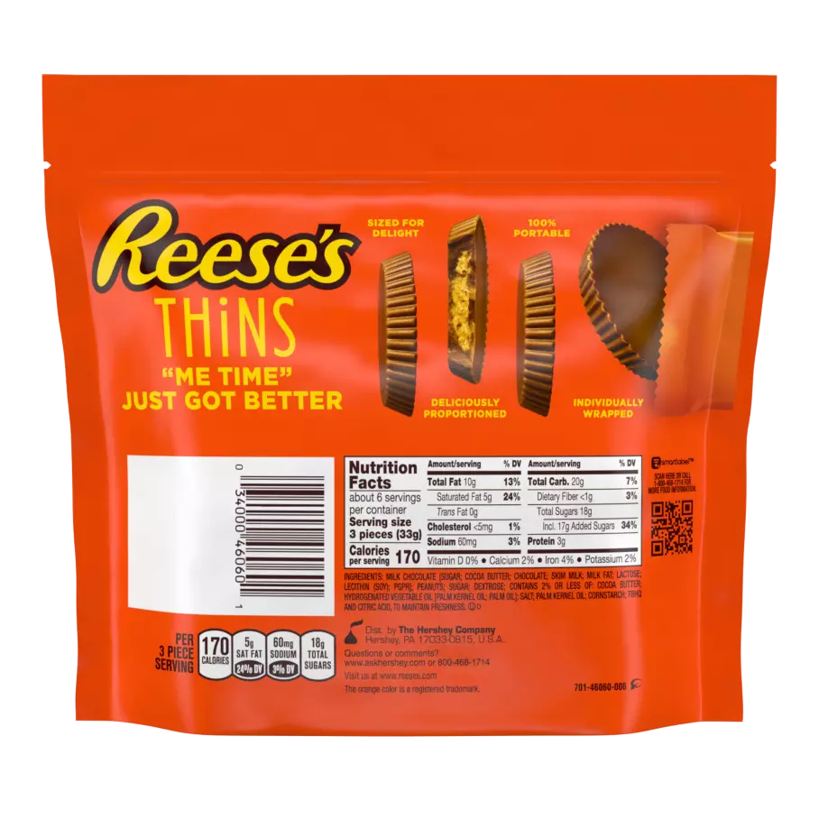 REESE'S THiNS Milk Chocolate Peanut Butter Cups, 7.37 oz pack - Back of Package