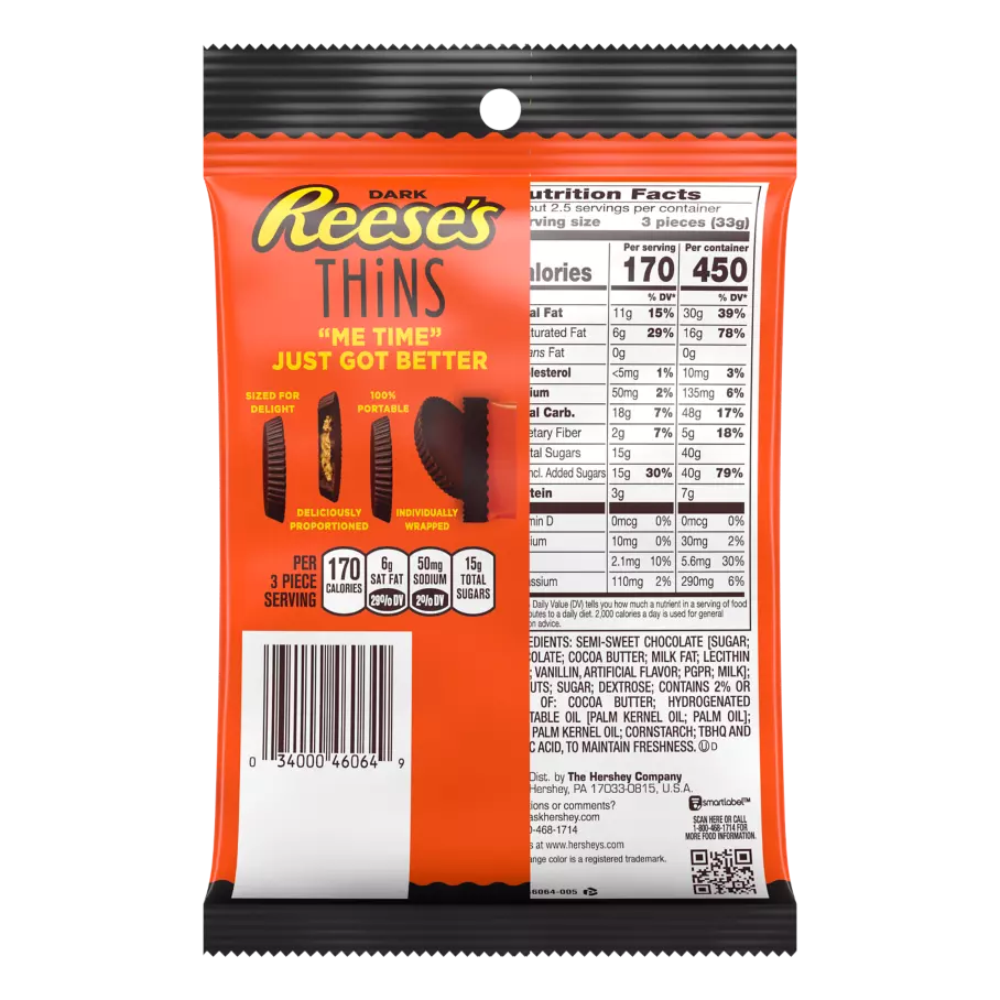 REESE'S THiNS Dark Chocolate Peanut Butter Cups, 3.1 oz bag - Back of Package