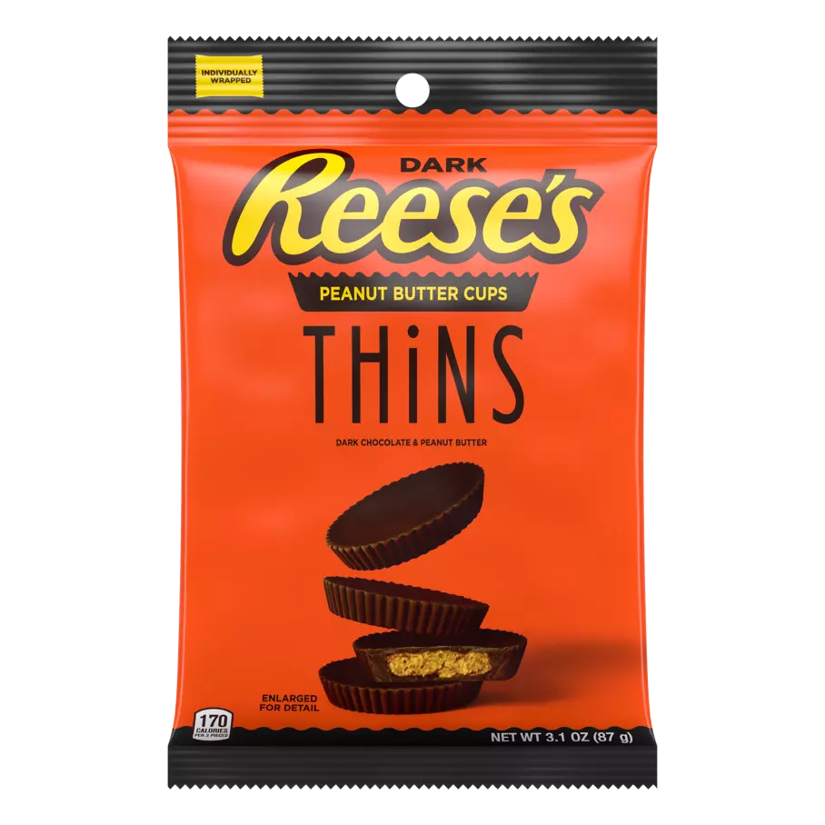 REESE'S THiNS Dark Chocolate Peanut Butter Cups, 3.1 oz bag - Front of Package
