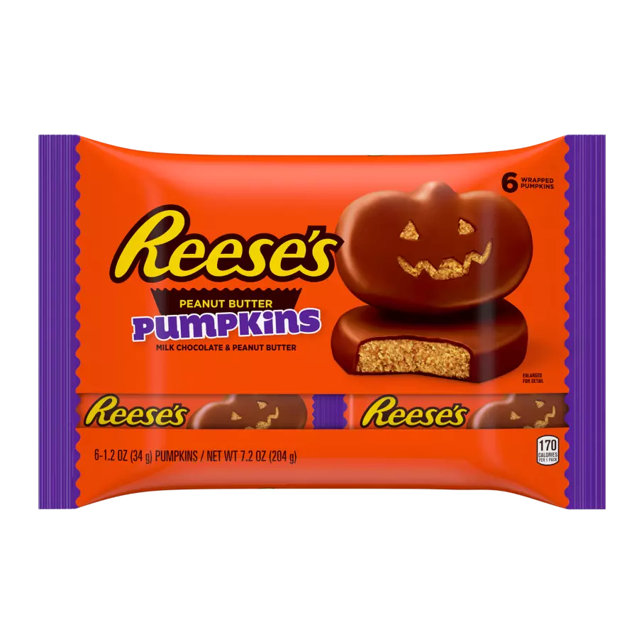 REESE'S Milk Chocolate Peanut Butter Pumpkins, 1.2 oz, 6 pack - Front of Package