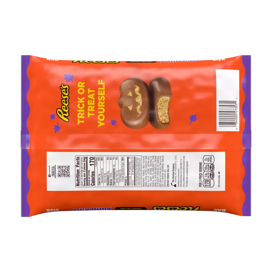 REESE'S Milk Chocolate Peanut Butter Snack Size Pumpkins, 19.2 oz jumbo bag - Back of Package