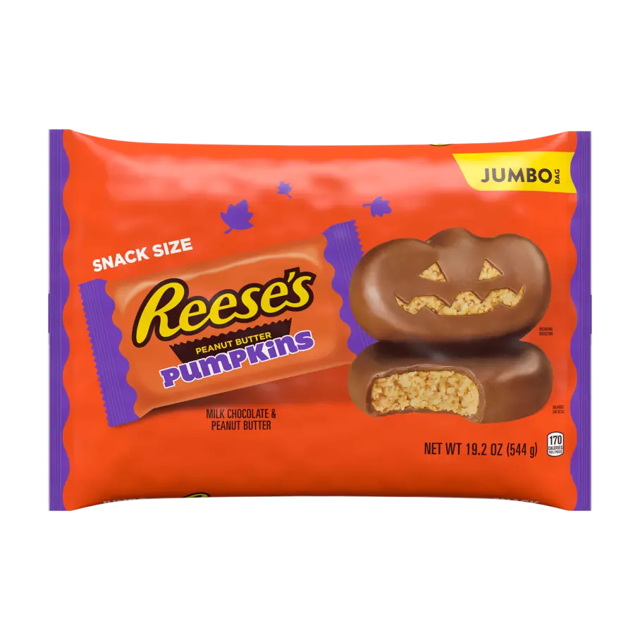 REESE'S Milk Chocolate Peanut Butter Snack Size Pumpkins, 19.2 oz jumbo bag - Front of Package