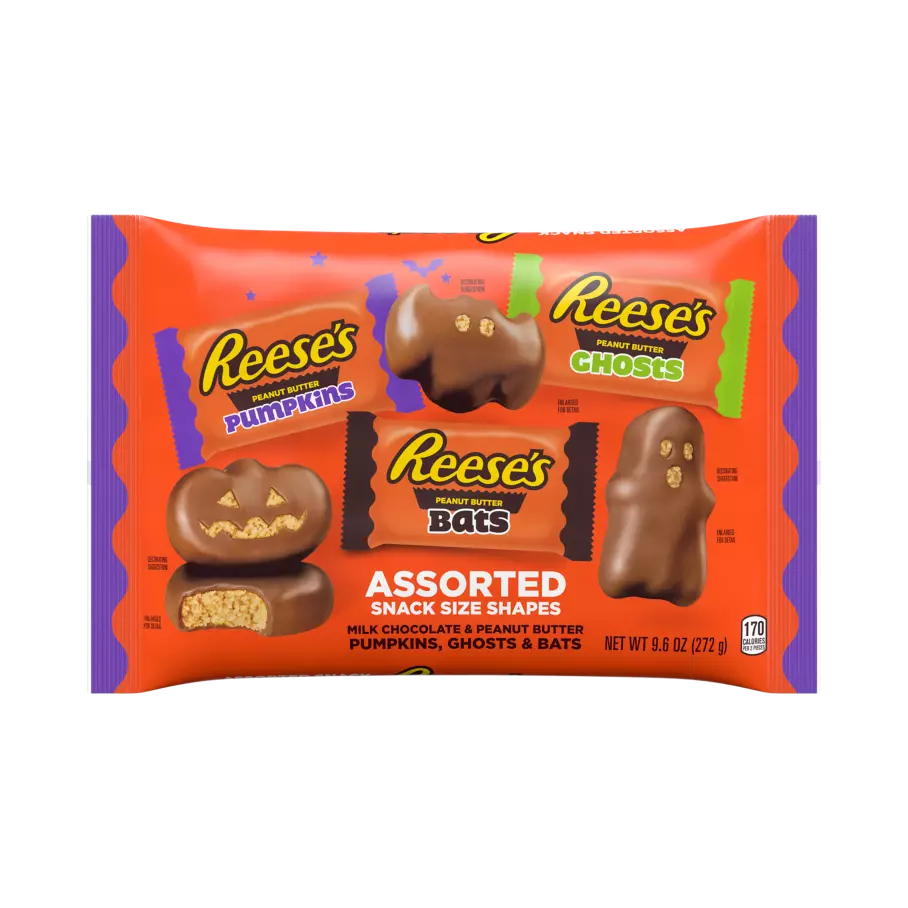 REESE'S Halloween Peanut Butter Snack Size Assorted Shapes, 9.6 oz bag - Front of Package