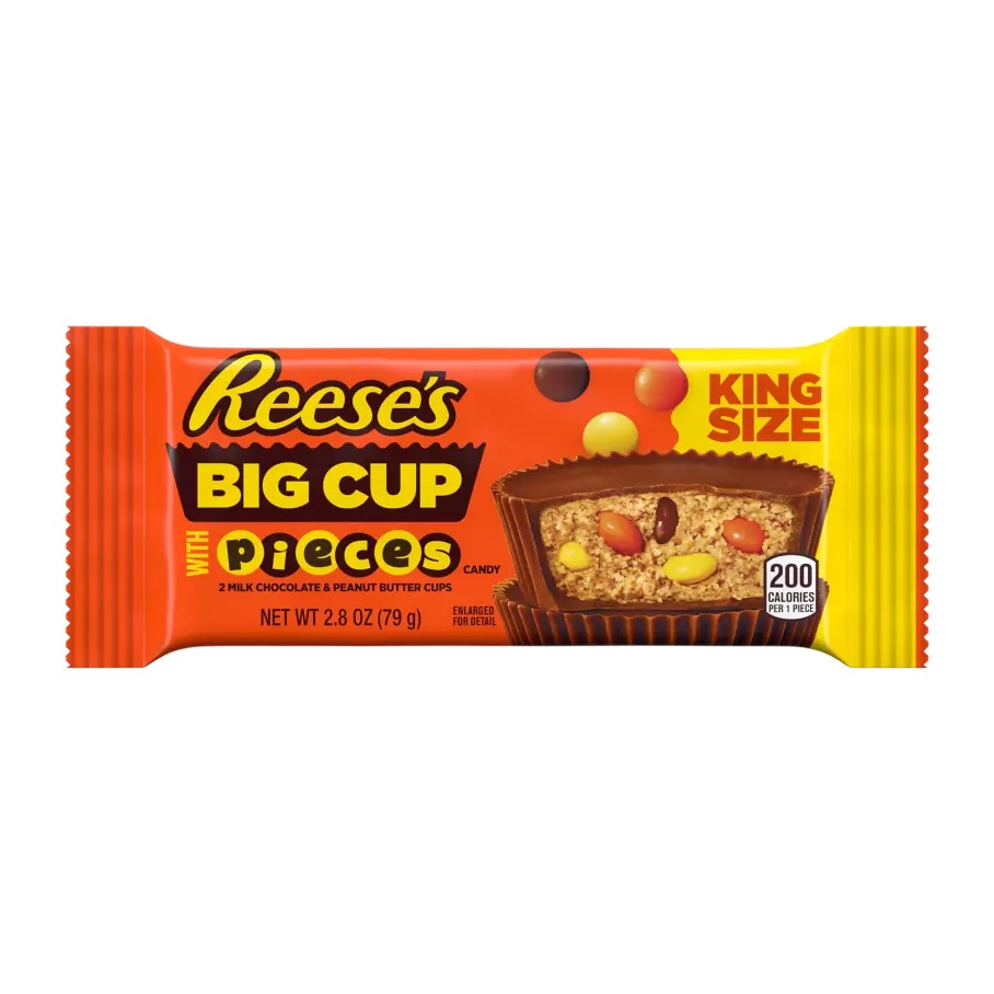 REESE'S STUFFED WITH PIECES Big Cup Milk Chocolate King Size Peanut Butter Cups, 2.8 oz - Front of Package