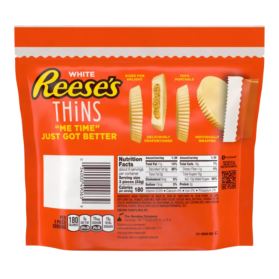 REESE'S THiNS White Creme Peanut Butter Cups, 7.37 oz pack - Back of Package