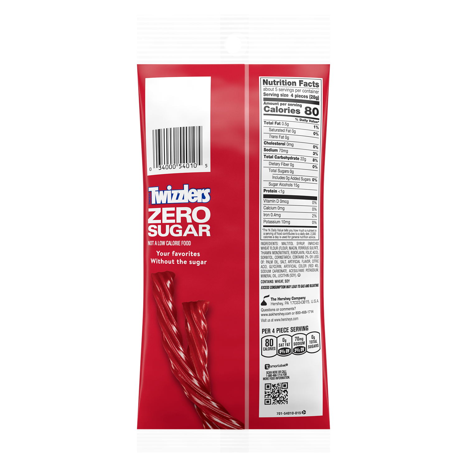 TWIZZLERS Zero Sugar Strawberry Flavored Twists, 5 oz bag - Back of Package