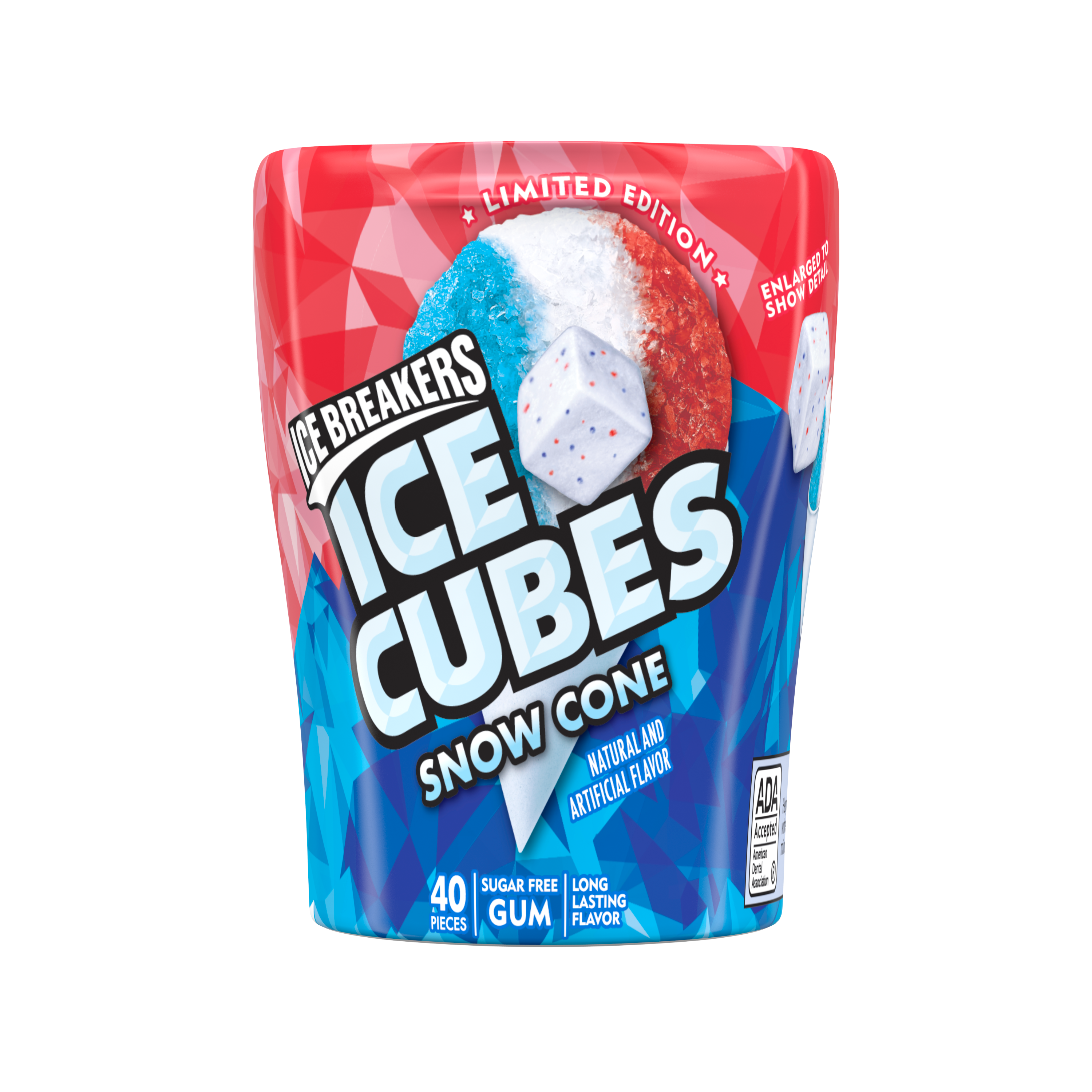 ICE BREAKERS ICE CUBES Snow Cone Sugar Free Gum, 3.24 oz bottle, 40 pieces - Front of Package