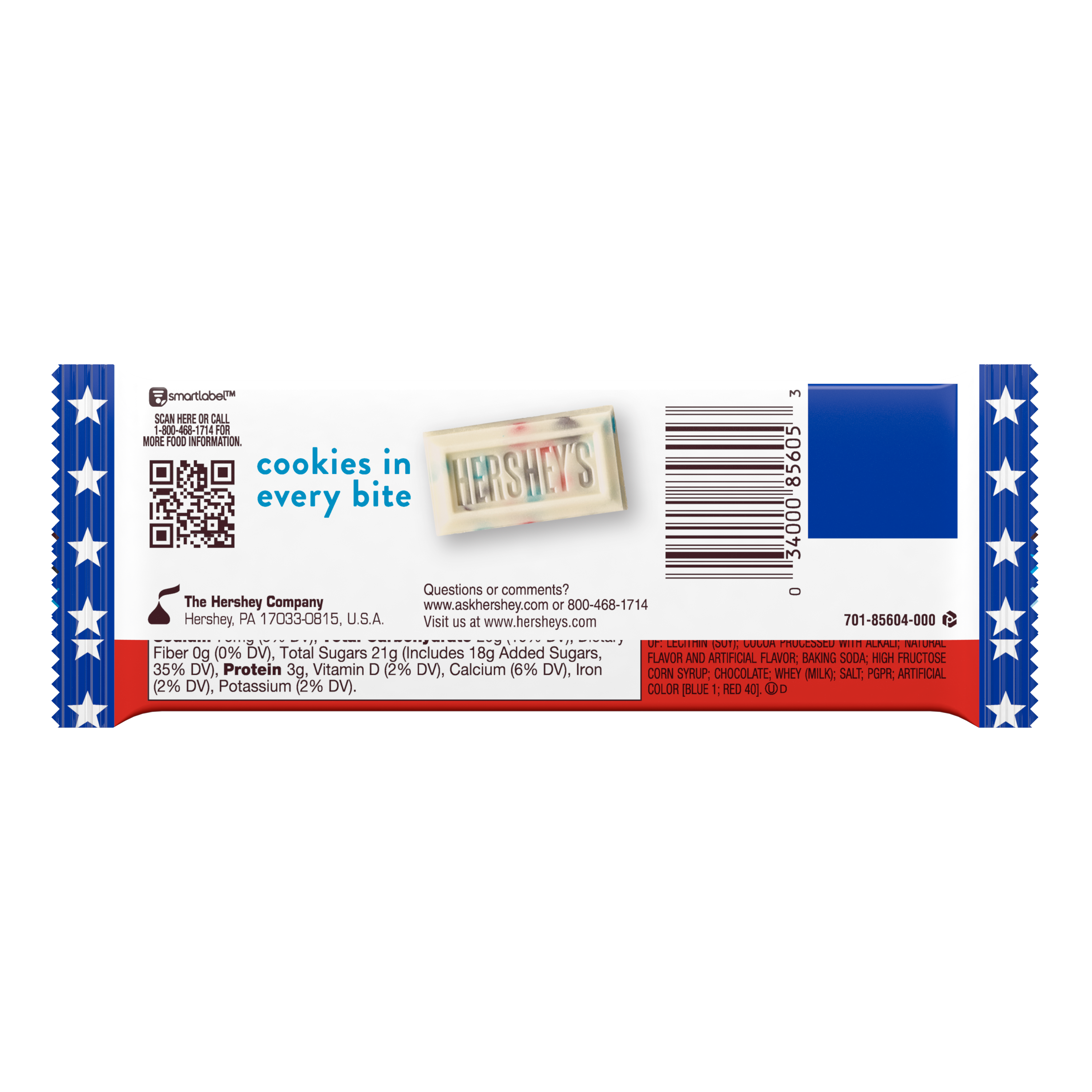 HERSHEY’S COOKIES ‘N’ CREME Red, White & Blue Candy Bar, 1.55 oz - Back of Package