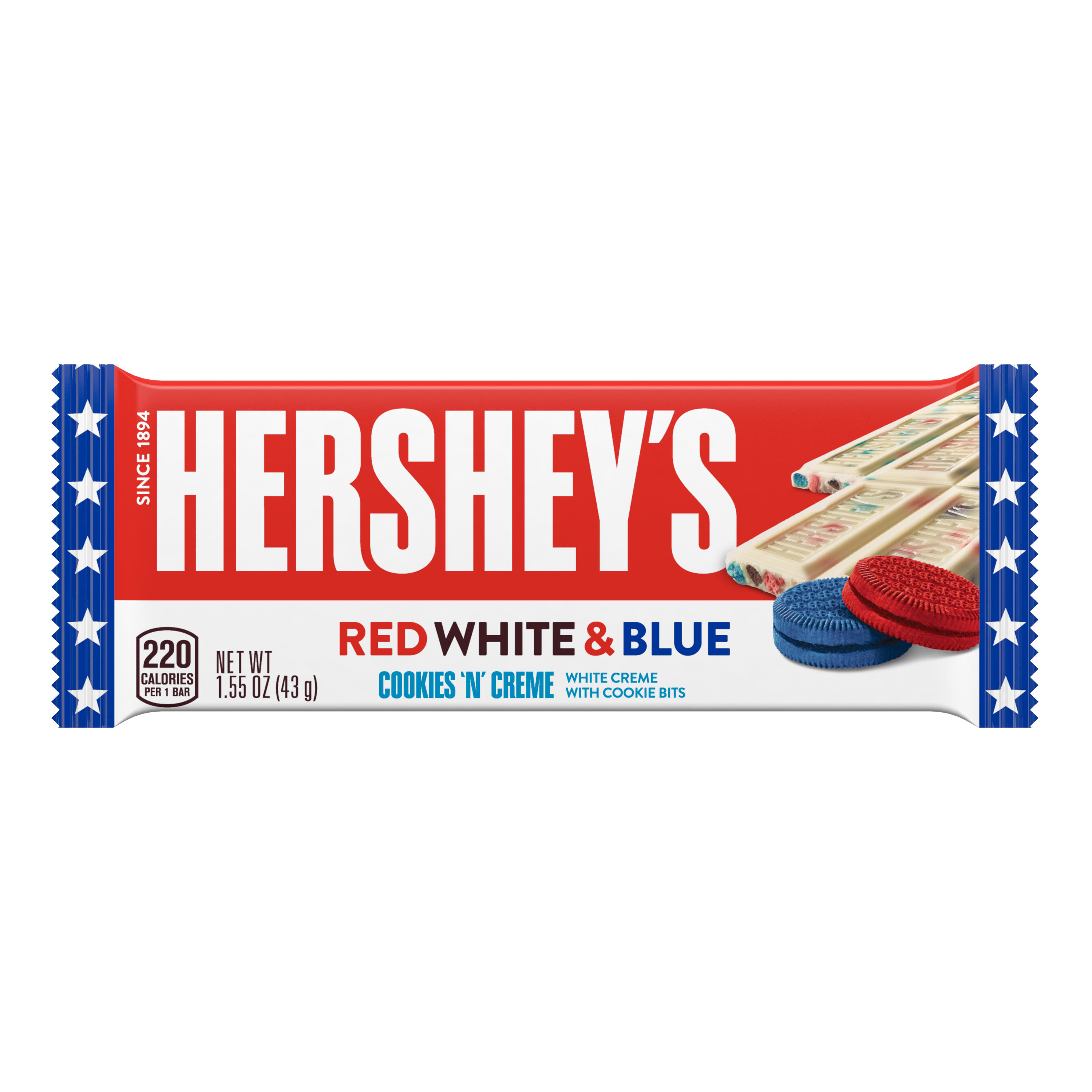 HERSHEY’S COOKIES ‘N’ CREME Red, White & Blue Candy Bar, 1.55 oz - Front of Package