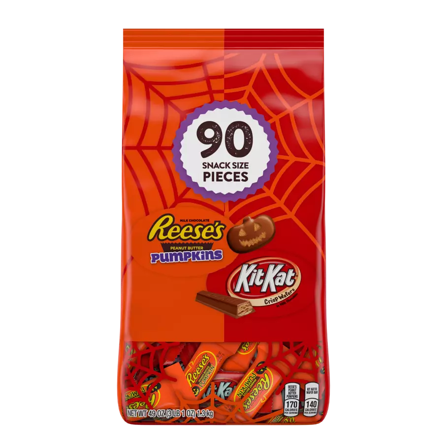 REESE'S & KIT KAT® Lovers Halloween Snack Size Assortment, 49 oz bag, 90 pieces - Front of Package