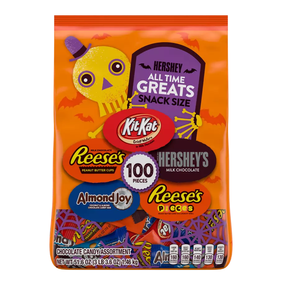 Hershey Halloween (HERSHEY'S, REESE'S, KIT KAT® and more) Snack Size Assortment, 51.6 oz bag, 100 pieces - Front of Package