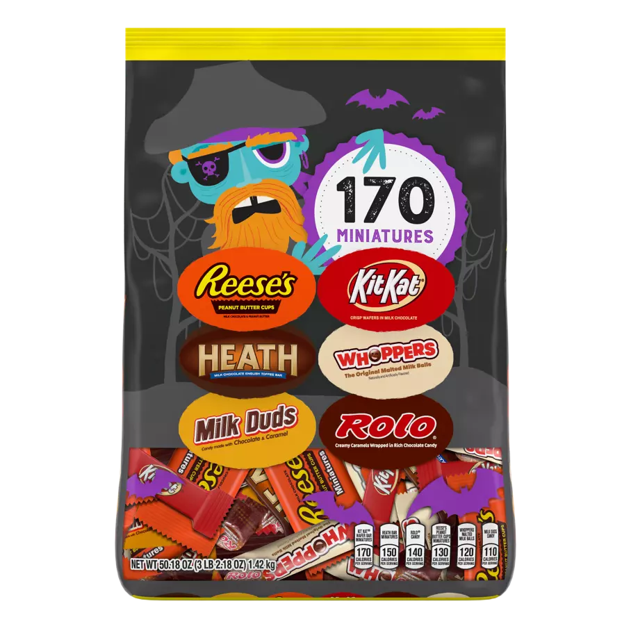 Hershey Halloween (REESE'S, KIT KAT®, HEATH, and more) Miniatures Assortment, 50.18 oz bag, 170 pieces - Front of Package