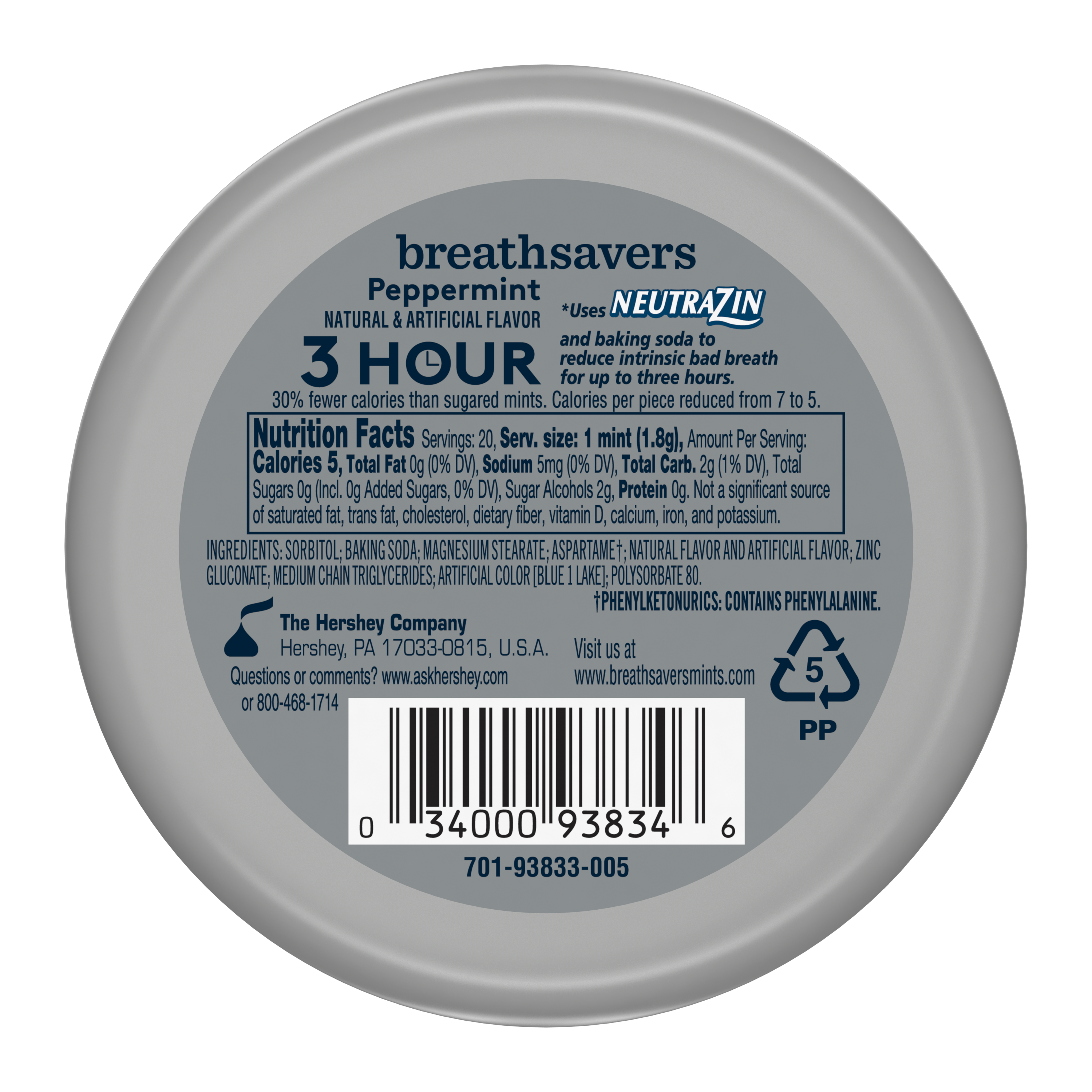 BREATH SAVERS 3-Hour Peppermint Sugar Free Mints, 1.27 oz puck - Back of Package