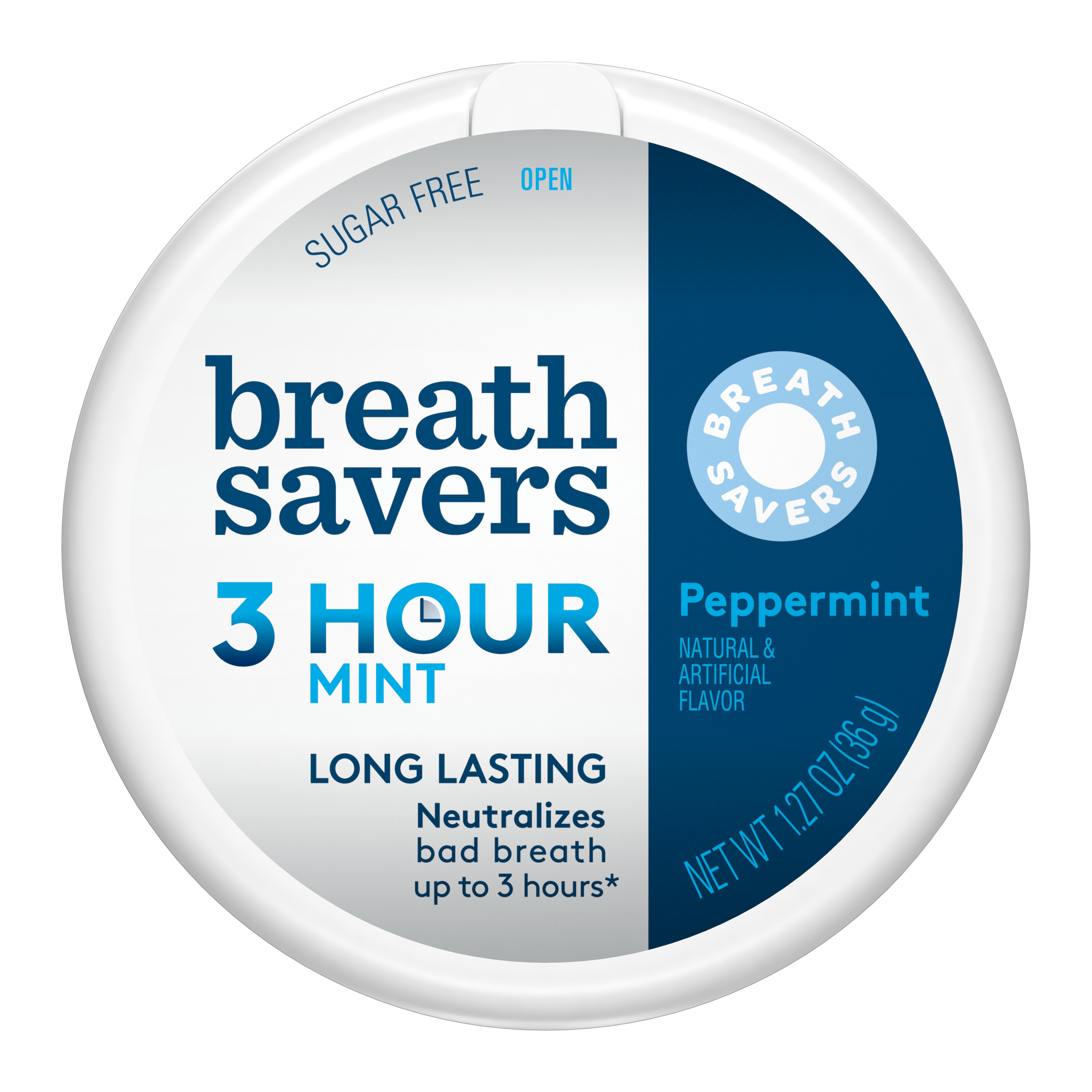 BREATH SAVERS 3-Hour Peppermint Sugar Free Mints, 1.27 oz puck - Front of Package