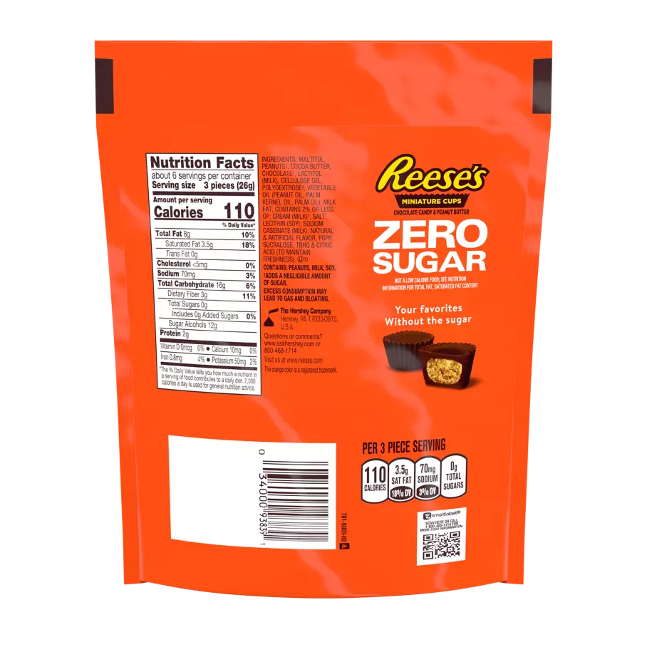 REESE'S Zero Sugar Miniatures Chocolate Candy Peanut Butter Cups, 5.1 oz bag - Back of Package