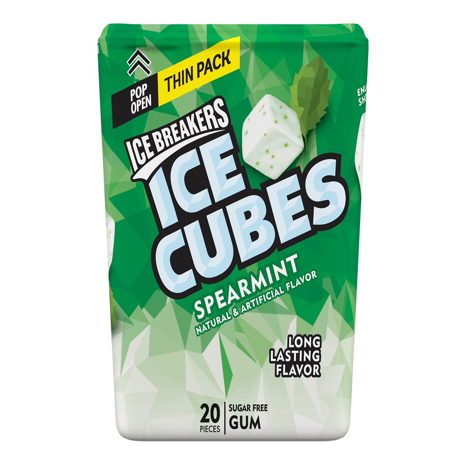 ICE BREAKERS ICE CUBES Spearmint Sugar Free Gum, 1.62 oz thin pack, 20 pieces - Front of Package
