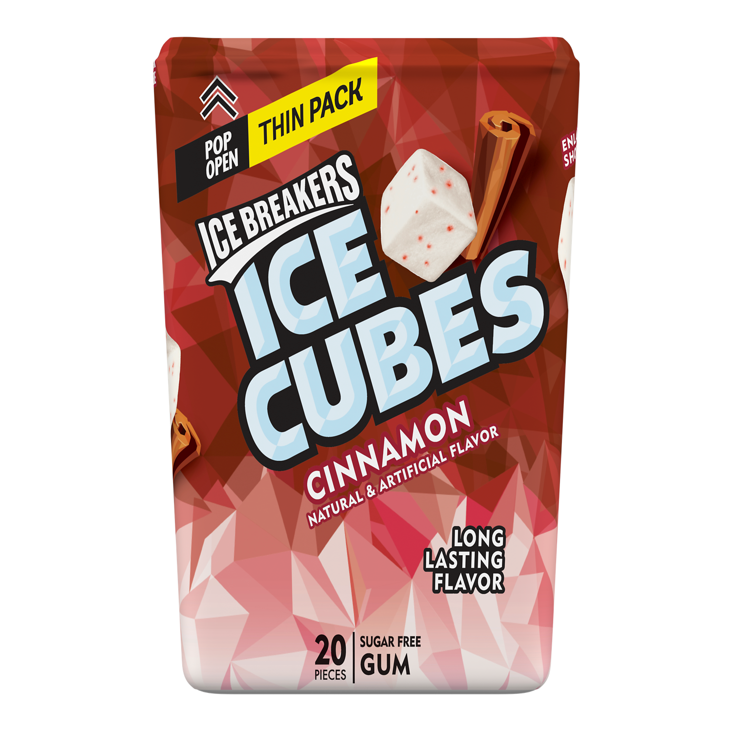 ICE BREAKERS ICE CUBES Cinnamon Sugar Free Gum, 1.62 oz thin pack, 20 pieces - Front of Package