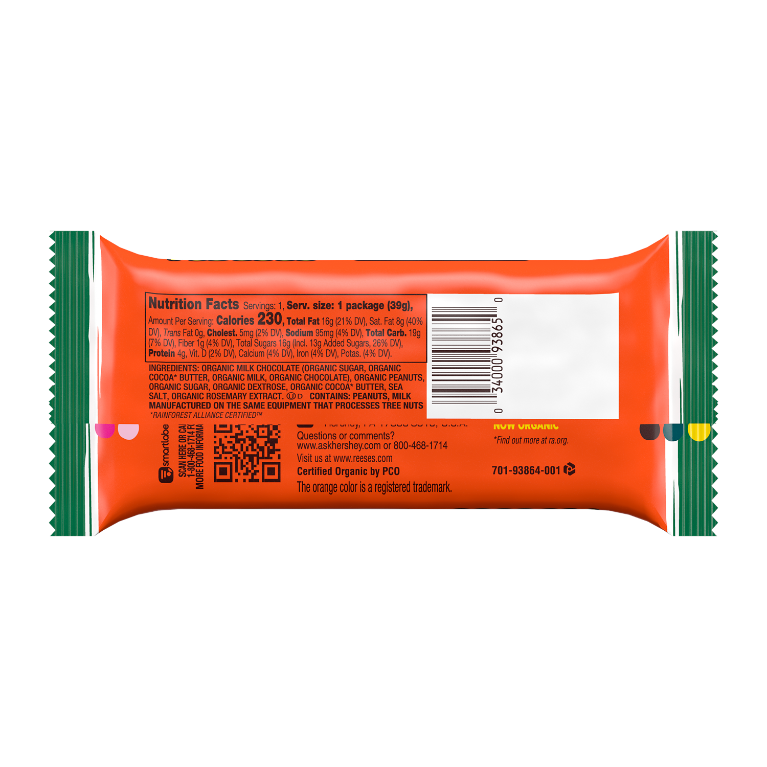 REESE'S Organic Milk Chocolate Peanut Butter Cups, 1.4 oz - Back of Package