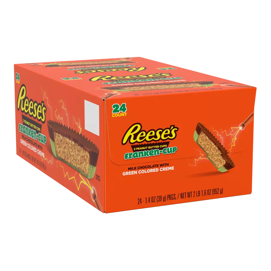 REESE'S Franken-Cup Milk Chocolate Peanut Butter Cups, 1.4 oz, 24 count box- Front of Package